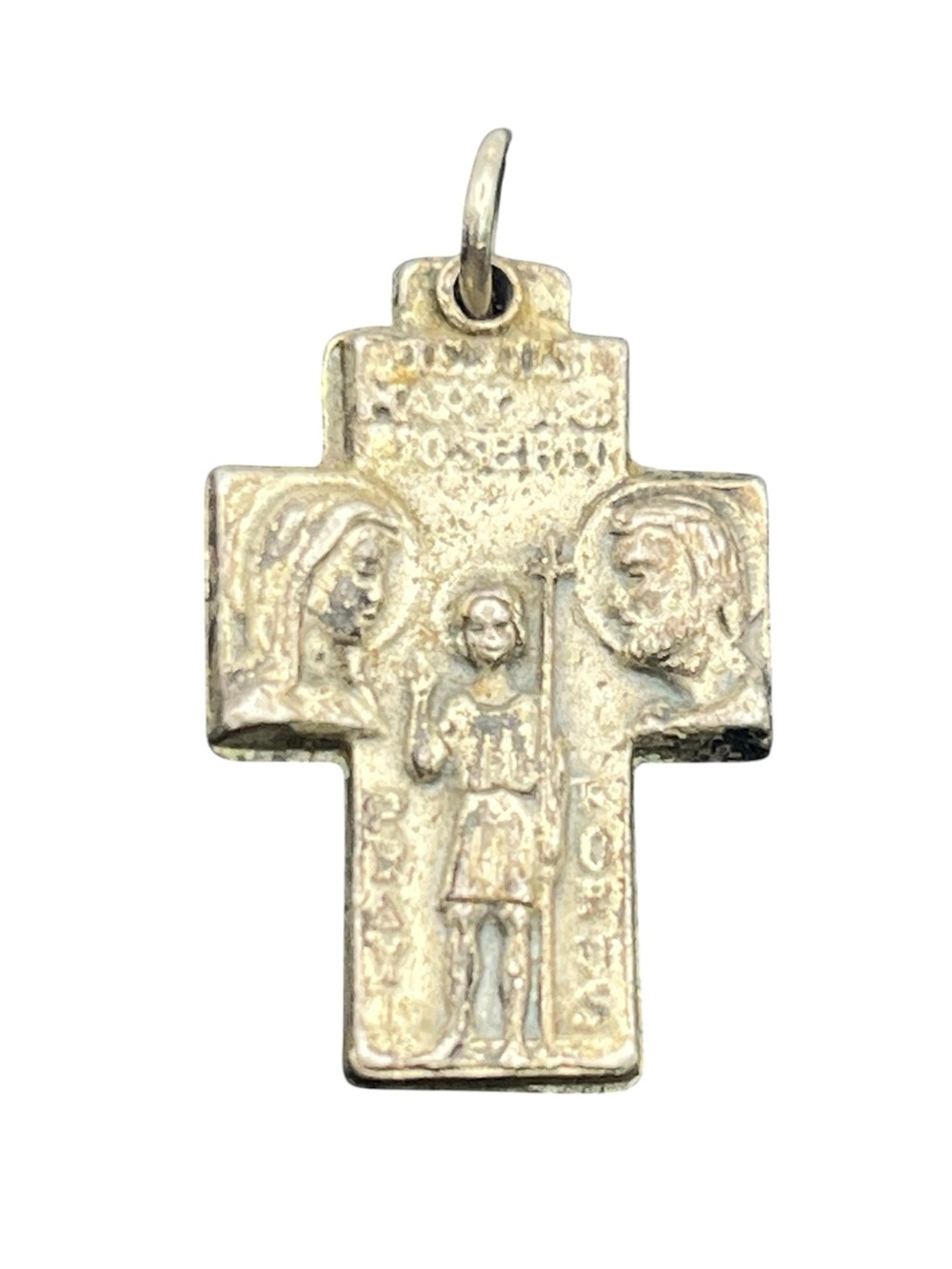 Catholic Holy Family 3 way cross crucifix pendant fr necklace Jesus Mary vintage